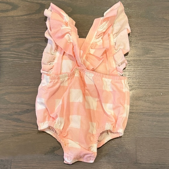 Mud Pie Pink Checkered Daisy Criss Cross Back One Piece Romper - Picture 2 of 3